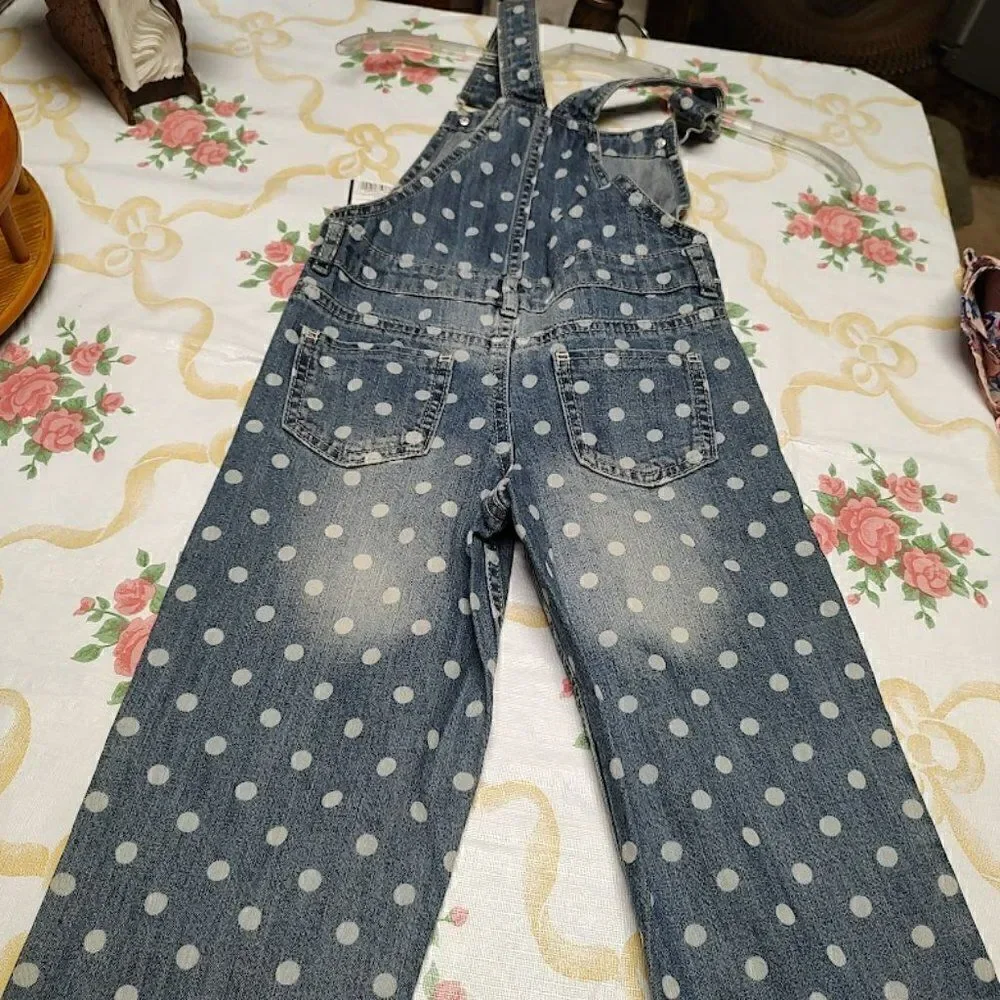 New Osh Kosh Blue Denim White Polka Dot Bib Overalls Girl's 5T